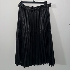 Zara Black Pleated Faux-Leather A-Line Maxi Skirt with Belt